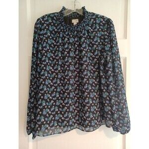 J. Crew smocked high neck blouse S navy floral pullover lightweight feminine